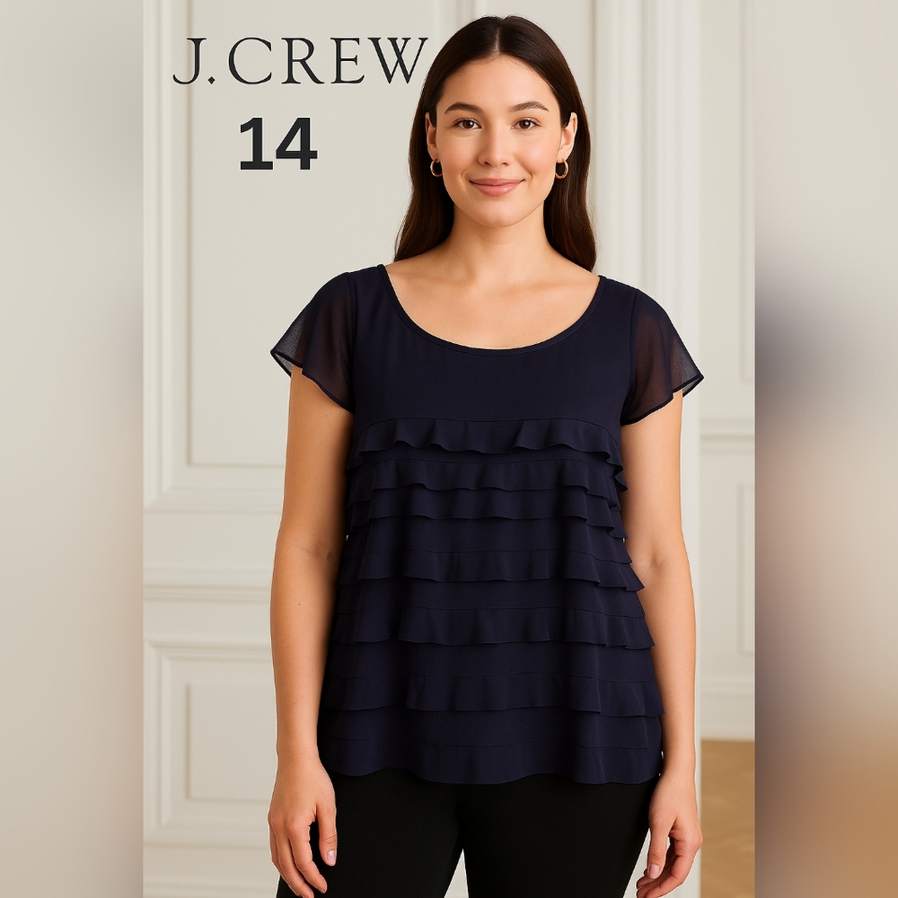 J.Crew Women’s Navy Ruffle Sheer Short Sleeve Blouse Size 14